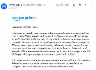 Email recebido alertando sobre os anúncios no Prime Video